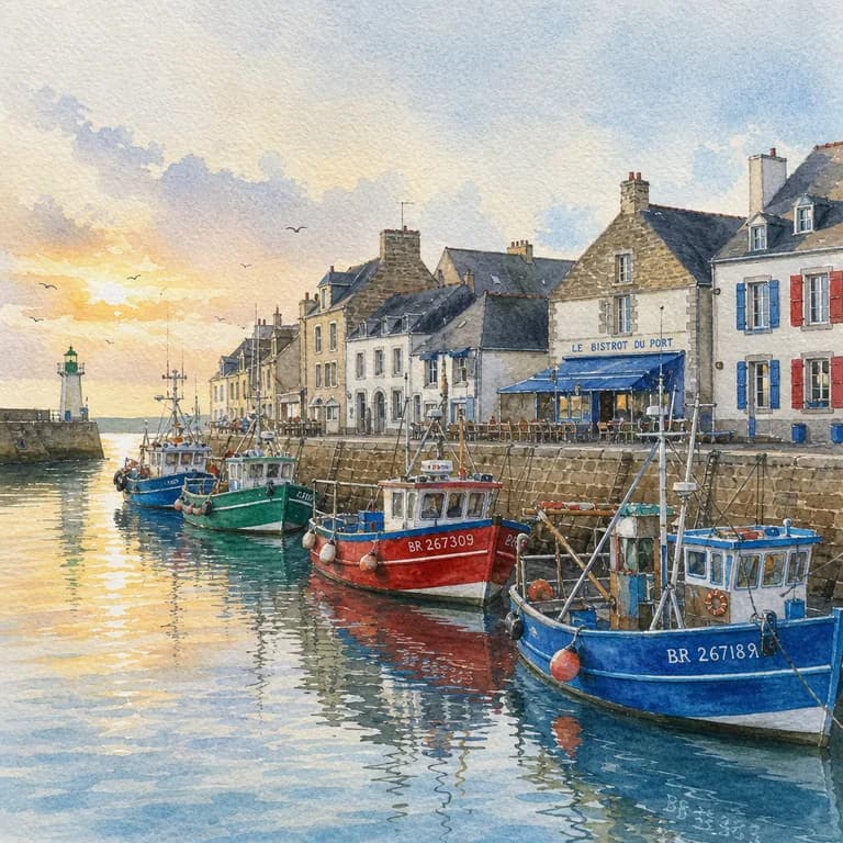 Example watercolor generated by AI: fishing harbor and colorful boats at dawn