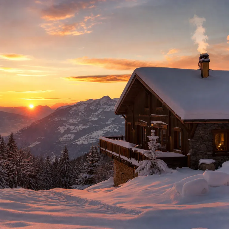 Example of a free AI-generated image: mountain cabin at sunset, realistic photo